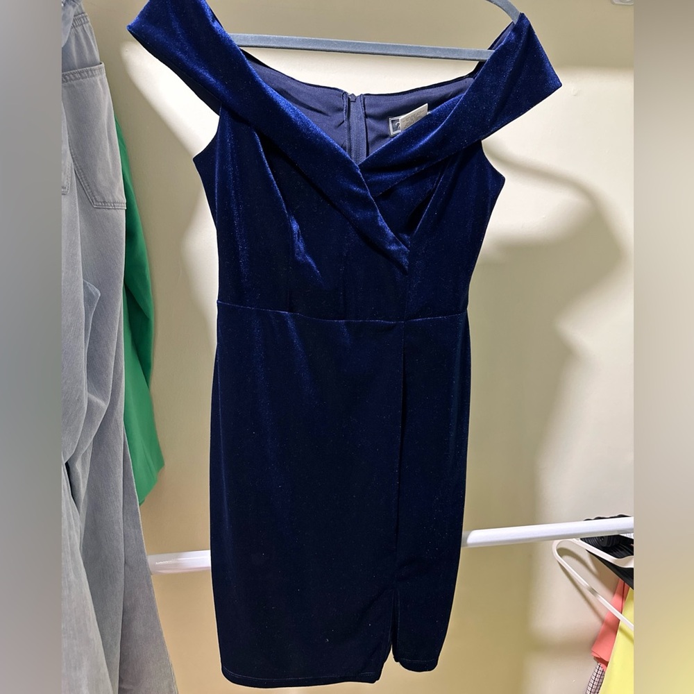 Rebecca B. Velvet Off the Shoulder Mini Dress Stretch Navy Blue Women Size 8